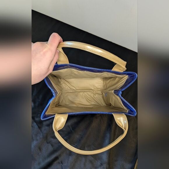 Clinique Tote Large Cosmetic Case Metallic Blue Tan Gold Handle Vinyl Patent - Picture 6 of 9